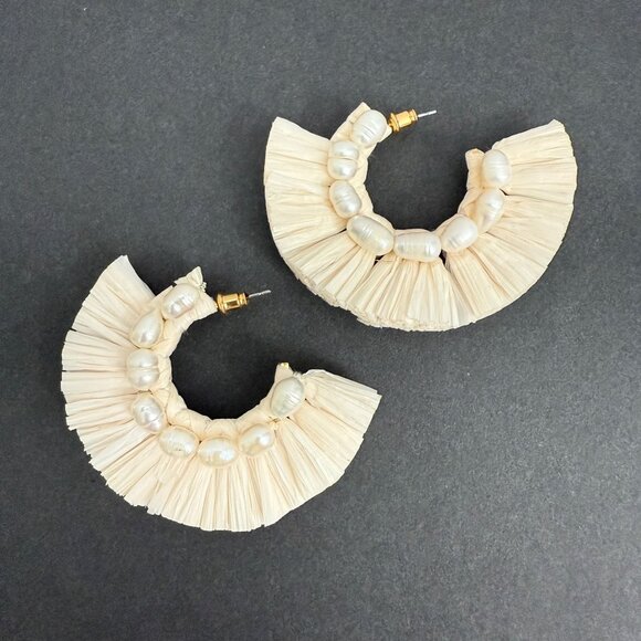 Anthropologie Raffia & Freshwater Pearl Statement Hoop Earrings Boho - Picture 1 of 8